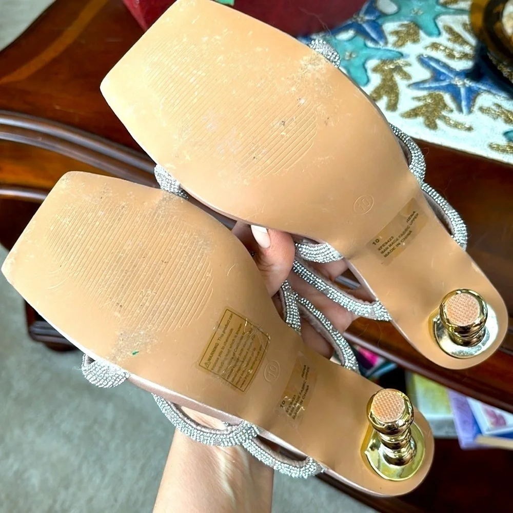 Cape Robbin Rhinestone Multi-Strap Square Toe High Heels Stilettos Sparkly Beige